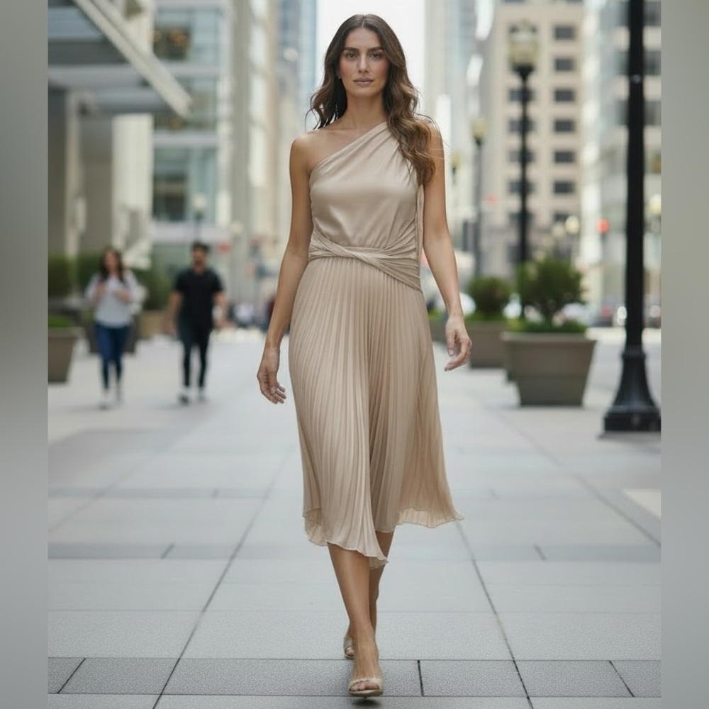 Asymmetrical One-Shoulder Pleated Midi Dress in Cream/Gold